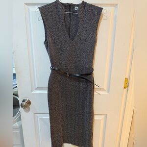 Elegant Gray Sleeveless Dress plunging neckline w belt office work corporate
